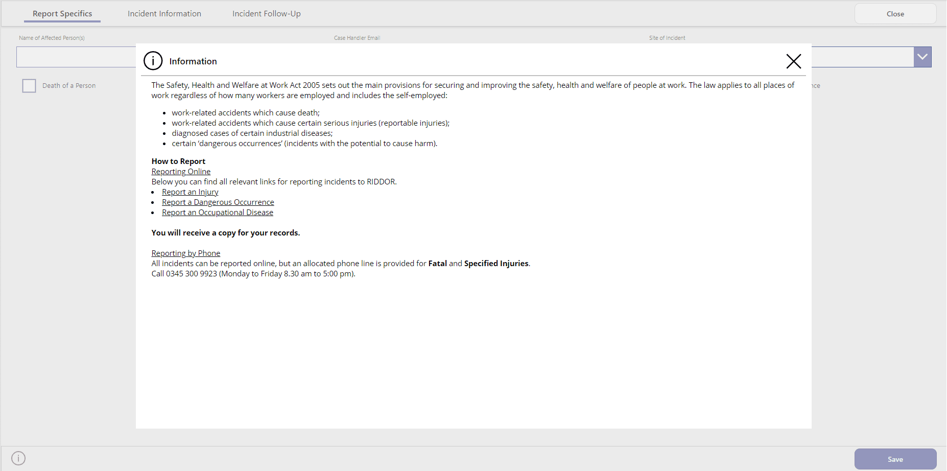 Form 8 – Information Pop Up information Pop Up request